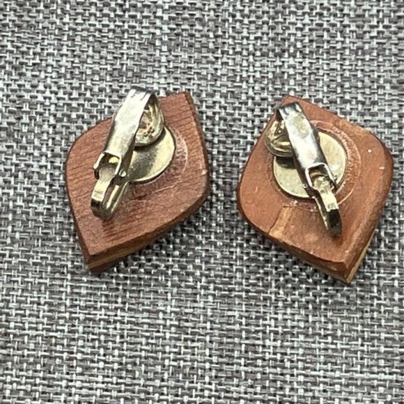 Clip On Earrings As Is Brown Wood Ellipse Football Diamond Dark Light Marquetry - Picture 5 of 6